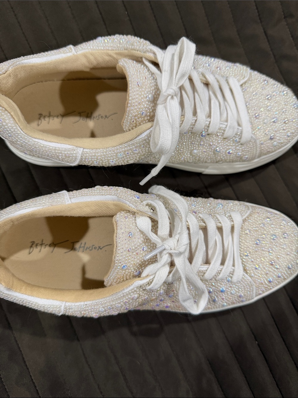 Betsey Johnson White Crystal-Embellished Lace-Up Sneakers - 7.5